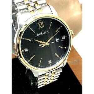 Bulova Men's Watch 98D163 Black Dial Diamond Accent Quartz Two Tone Steel